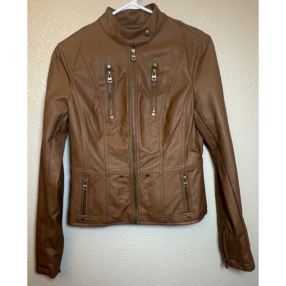 Lulus Faux Leather Cropped Moto Jacket Bomber Women's Size S Camel EUC CJ4127